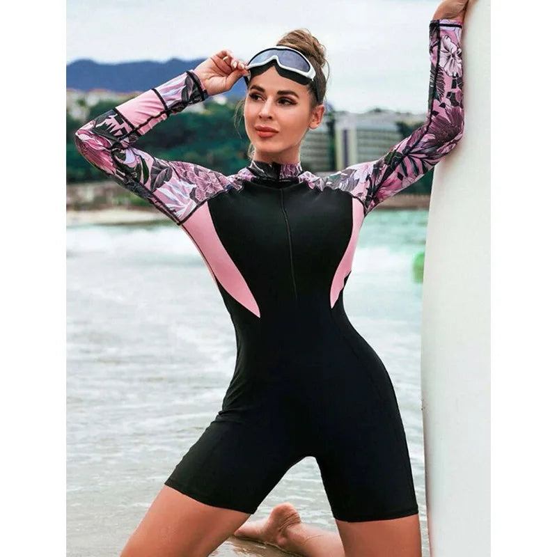 2026 New One Piece Swimsuit Women Floral Long Sleeve Swimwear Zipper Surfing Monokini Push Up Body Suit Beachwear Bathing Suit