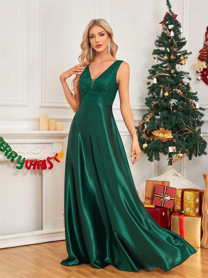 Elegant Sequins Evening Dress For Women 2024 Deep V-neck Satin Prom Party Green Dress Floor Length Blue Formal Gowns