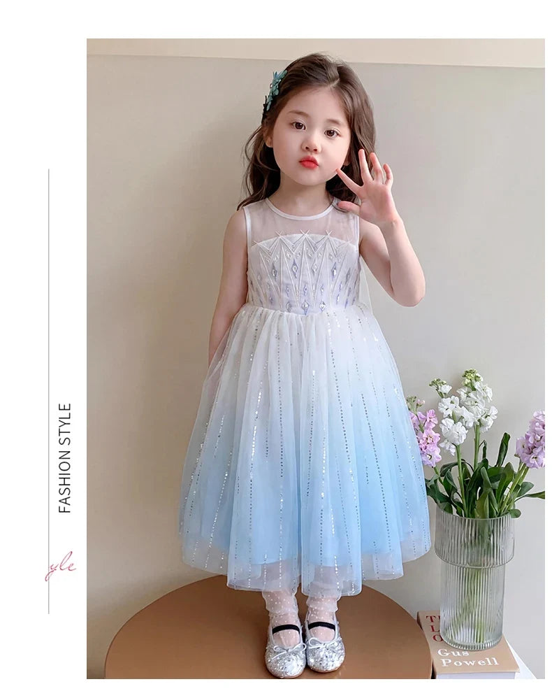 Elsa Princess Dress w/ Cape 2026 New Summer Frozen Cosplay Dresses for Little Girls Birthday Party Sleeveless Mesh Evening Dress