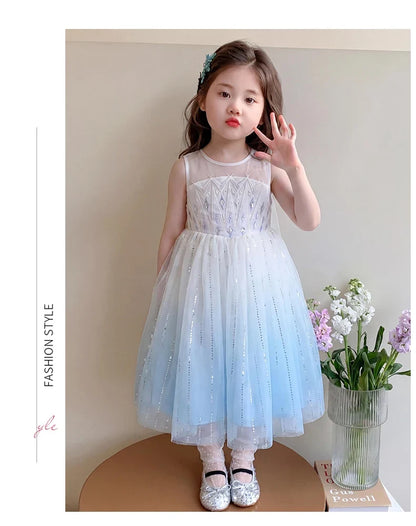Elsa Princess Dress w/ Cape 2026 New Summer Frozen Cosplay Dresses for Little Girls Birthday Party Sleeveless Mesh Evening Dress