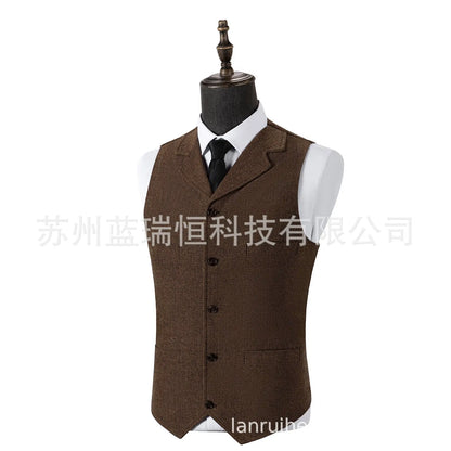 2026 Men's Business Woolen Suit Vest Fashionable British Retro Twill Vest Workwear Slim Fit Vest Elegant Classic Style Black