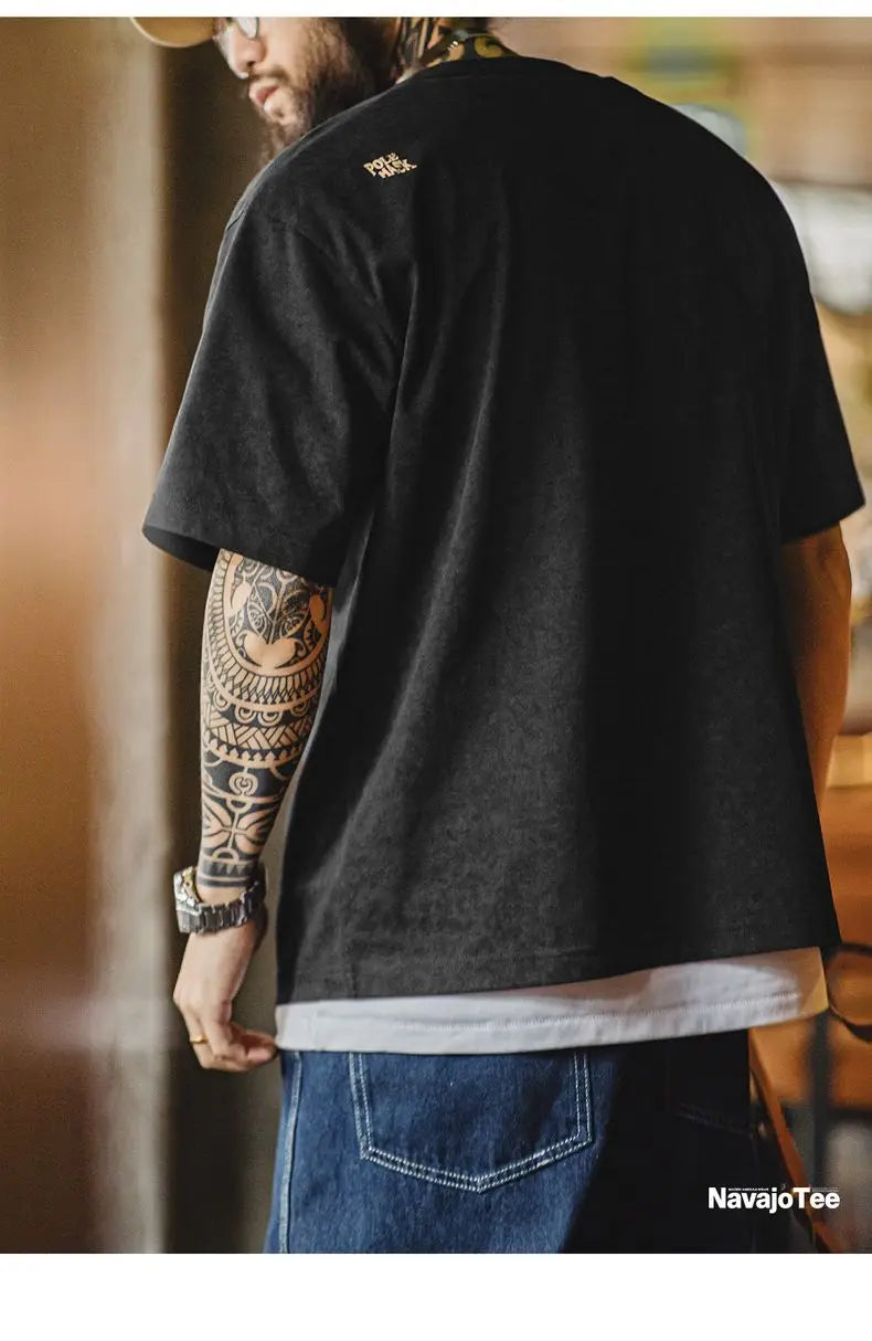 Vintage Style Thunderbird Print T-Shirt Men's Summer Heavyweight Embroidered Short Sleeve Tee Navajo Crew Neck Street Tops