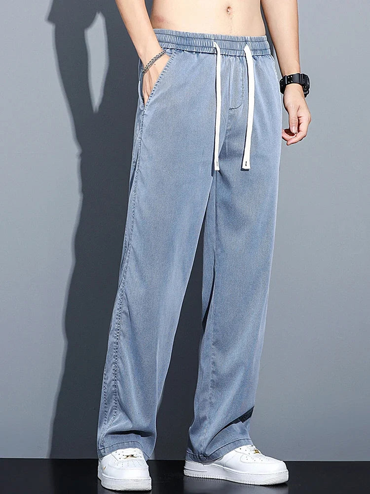 Summer Soft Lyocell Fabric Men's Jeans Thin Loose Straight Pants Drawstring Elastic Waist Korea Casual Trousers Plus Size M-5XL