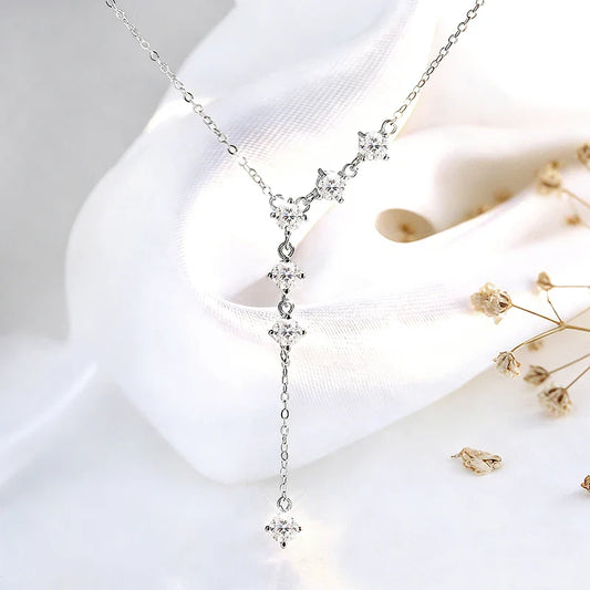 4mm Tassel Necklace Moissanite Pendant Round Cut Sparkling Neck Chain Girls Christmas Gift 925 Sterling Silver Plated 18K