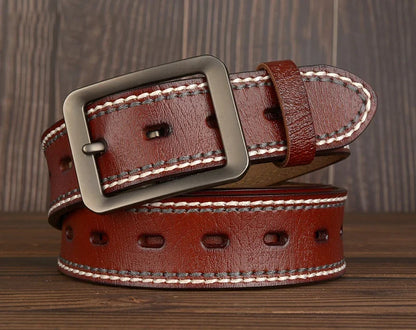 3.8CM Fashion Men Belts Genuine Leather Luxury Designer Vintage Thread Waist Belt For Jeans Cinturon Cowboy Hombre Dropshipping