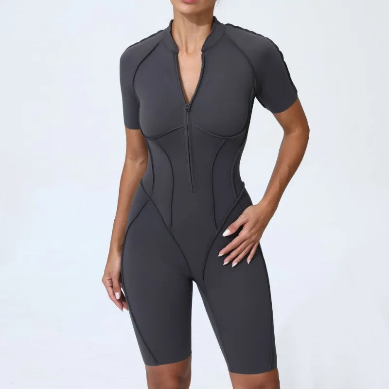 Zipper Short-sleeved Yoga Sports Fitness Jumpsuits Sets Without Chest Pad Tight Bodysuits Shorts Gym Workout Clothes for Women