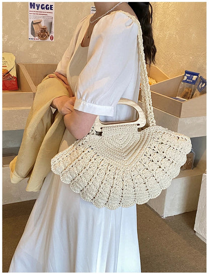 2026 New Retro Fan-shaped Crochet Woven Underarm Bag for Women Ins Style Seaside Vacation Versatile Wooden Handle Shoulder Bag