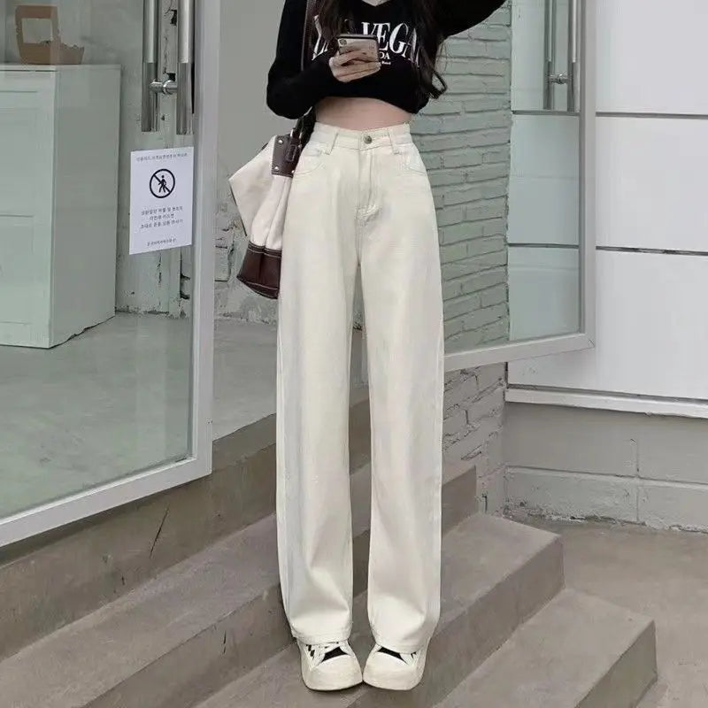 High Waist White Fleece Lined Straight Leg Jeans for Woman Y2k Pants Winter Loose Fit Wide Leg Trousers with Flowy Hem