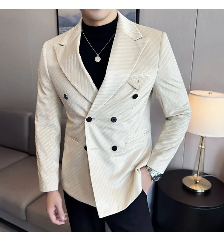 Autumn Winter New Velvet Suit Jacket Men Double-Breasted Striped Slim Fit Casual Coats High Quality Formal Business Tailcoat