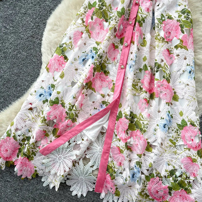 Embroidery Flower Vacation Dress French Style Blet Lapel Slim High Quality Hollow Out Ladies Elegant A-line Long Dress
