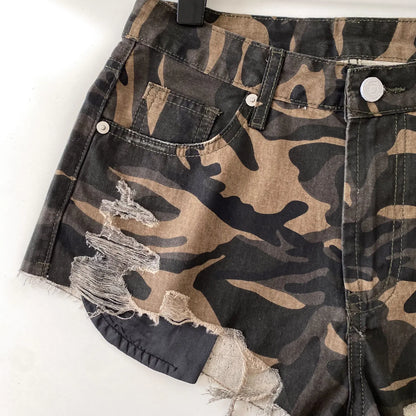 American Retro Camouflage Mini Shorts 2026 Ladies Hollow Out Slim Beach Pants Hot Girl Sexy Print Denim Shorts