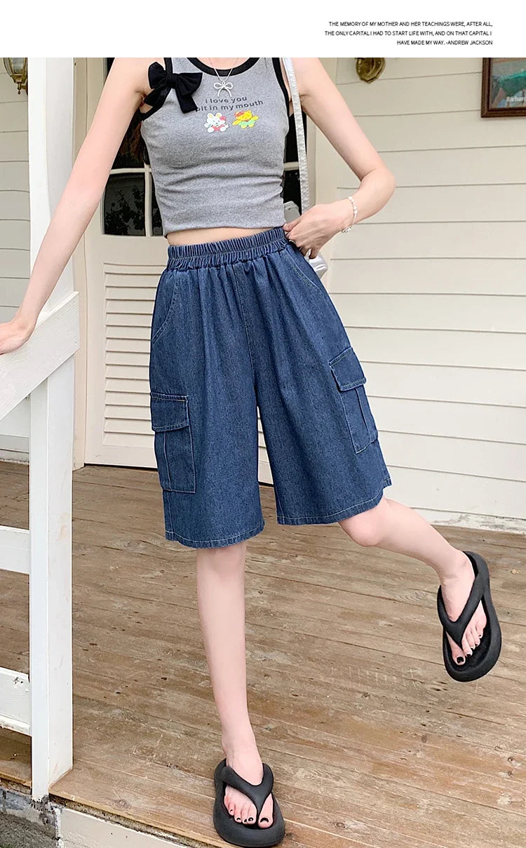2026 Summer New Women's Denim Shorts Straight Trendy Loose Versatile Dad Shorts Thin Japanese Style Knee-length Pants