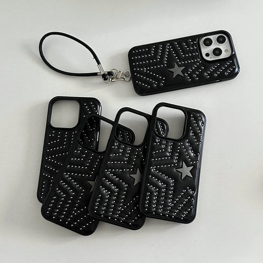 غطاء هاتف بتصميم نجمة خماسية معدنية من Black Willow مع حبل جلدي صناعي لهواتف iPhone 17 16 15 14 Pro Max Air