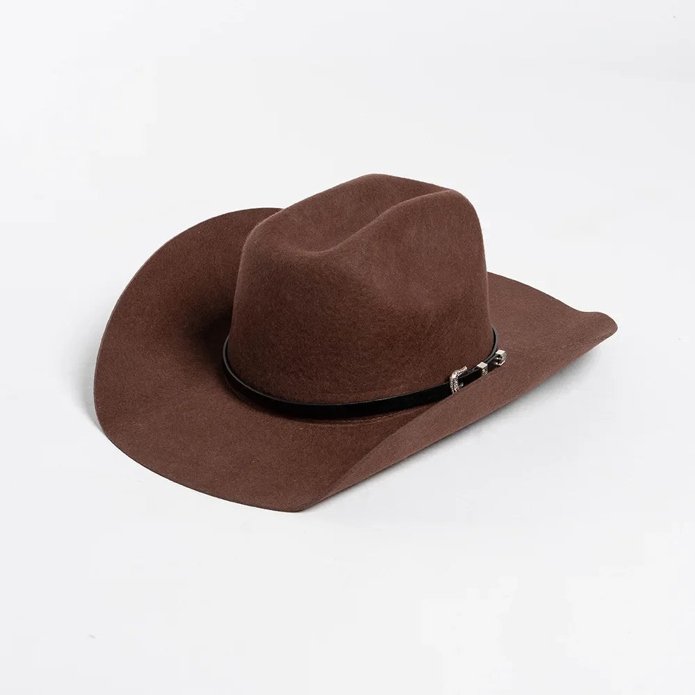 New Autumn Winter Women Fedoras with Belt Buckle Wide Brim Rolled Wool Cowboy Hat M L Size Obtainable