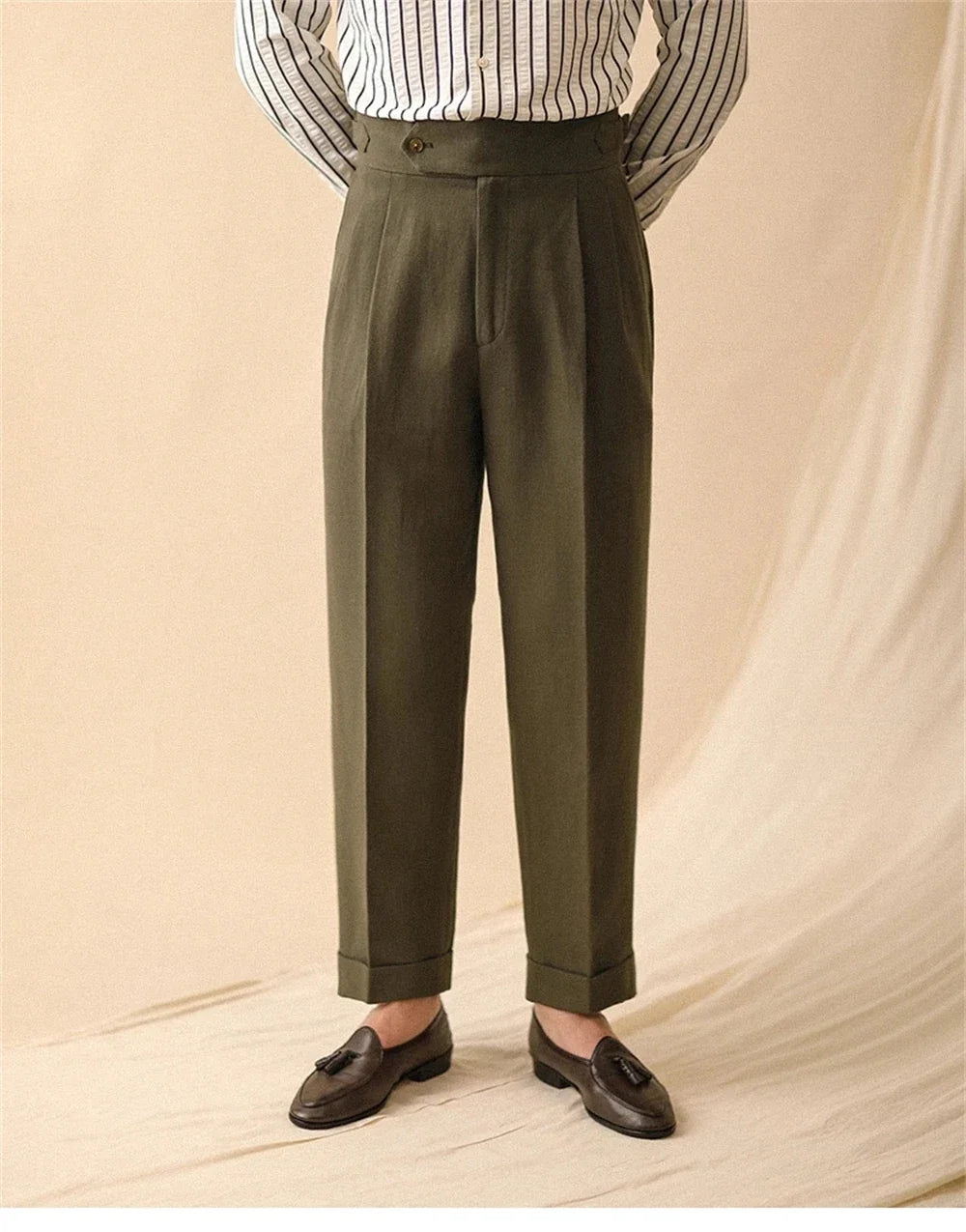 Linen Straight Pant For Men Summer Business Gentleman Naples Pant Paris Buckle Drape High Waisted Trousers Men Formal Pant