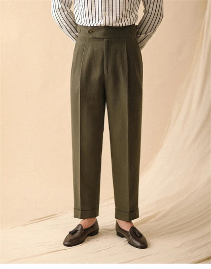 Linen Straight Pant For Men Summer Business Gentleman Naples Pant Paris Buckle Drape High Waisted Trousers Men Formal Pant
