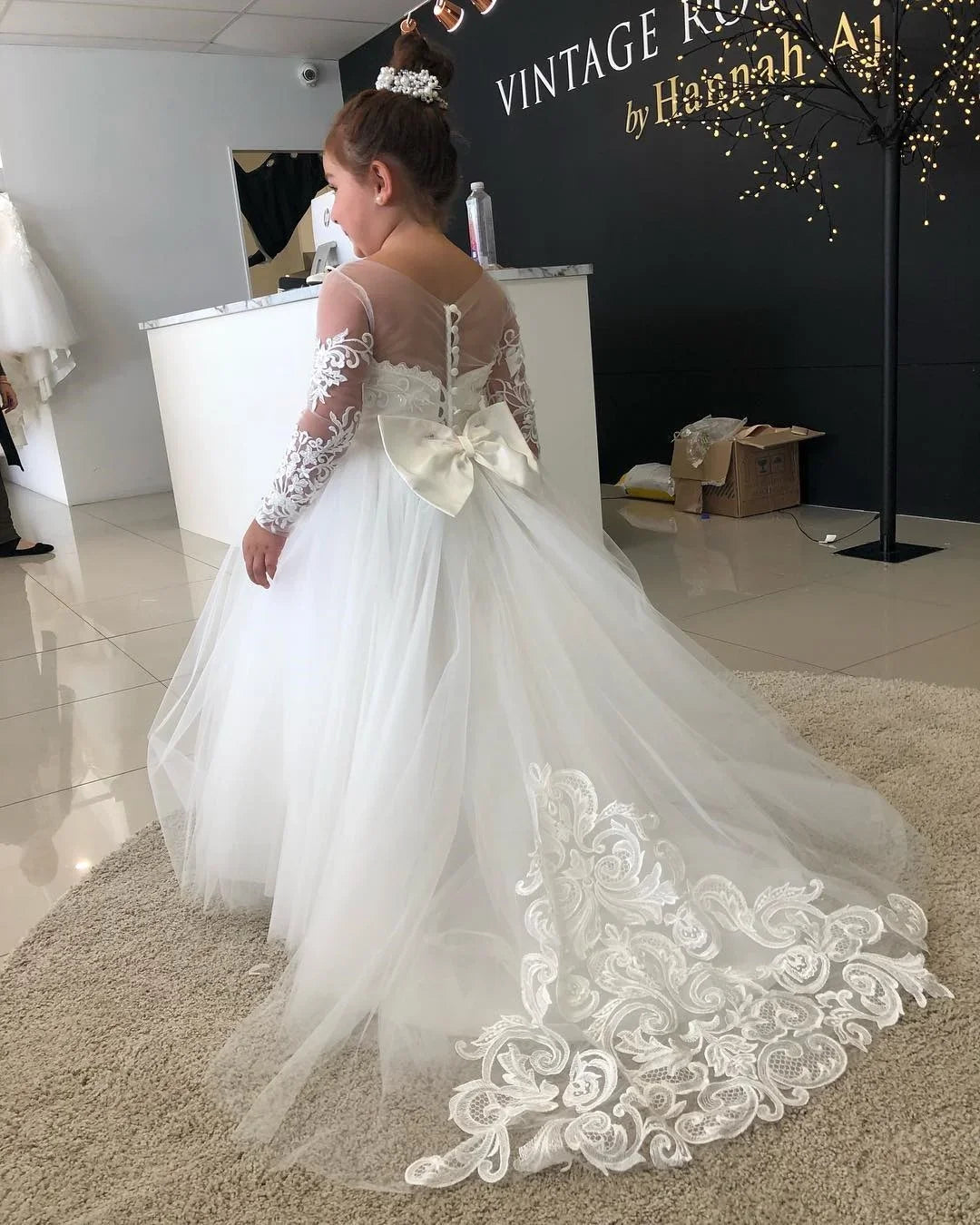 Flower Girl Dresses For Weddings Long Sleeve Lace Tulle Bow Back Children's Elegant Dress vestidos para niñas