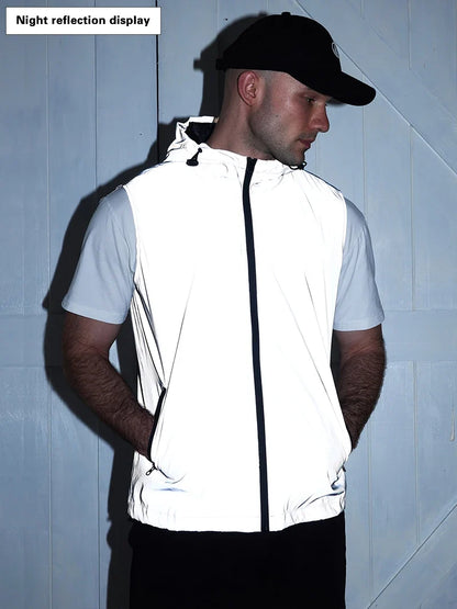 Night Reflective Vest Men's Spring Summer Thin Hooded Fashion Casual Outdoor Run Dancing Hip-hop Streetwear Glowing Clothes
