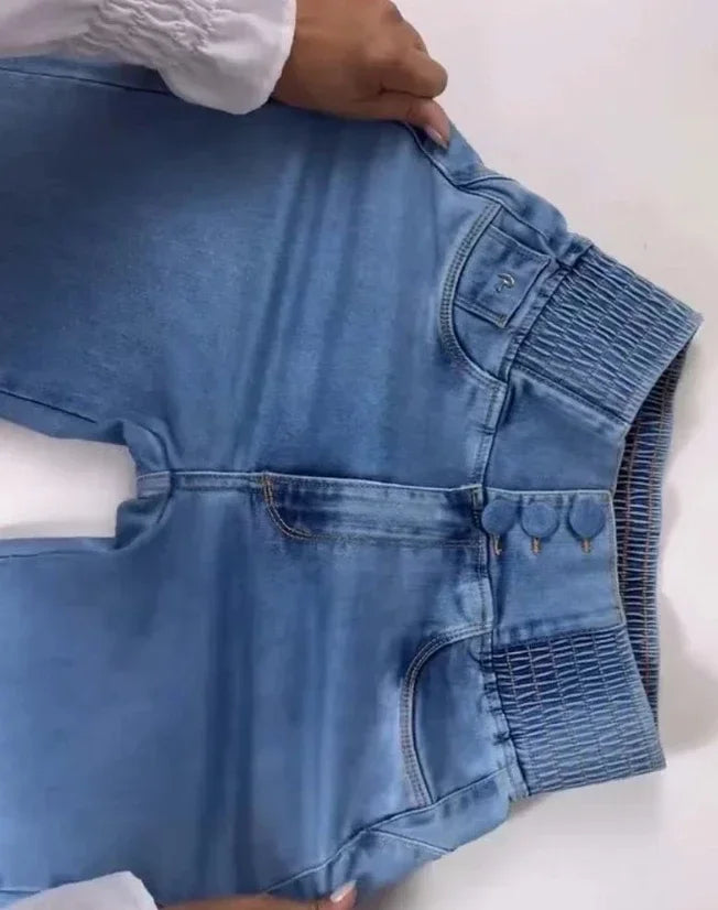 2025 autumn winter  Elegant High Waist Button Front Casual Female Jeans Sexy  Fashion Back Shirred Trouser Bottom