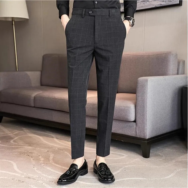 2026 High Quality Men's Plaid Striped Suit Pants Fashion Business Slim Fit Casual Straight Pants Formal Wedding Party Trousers