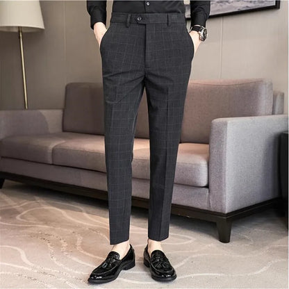 2026 High Quality Men's Plaid Striped Suit Pants Fashion Business Slim Fit Casual Straight Pants Formal Wedding Party Trousers