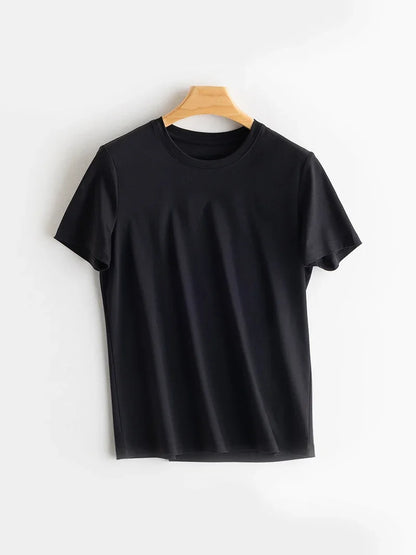Women Solid T shirts, Silk Cotton Blend, O Neck, Short Sleeved Solid Tee,2025 Summer Candy Colors Basic Cozy Top Green