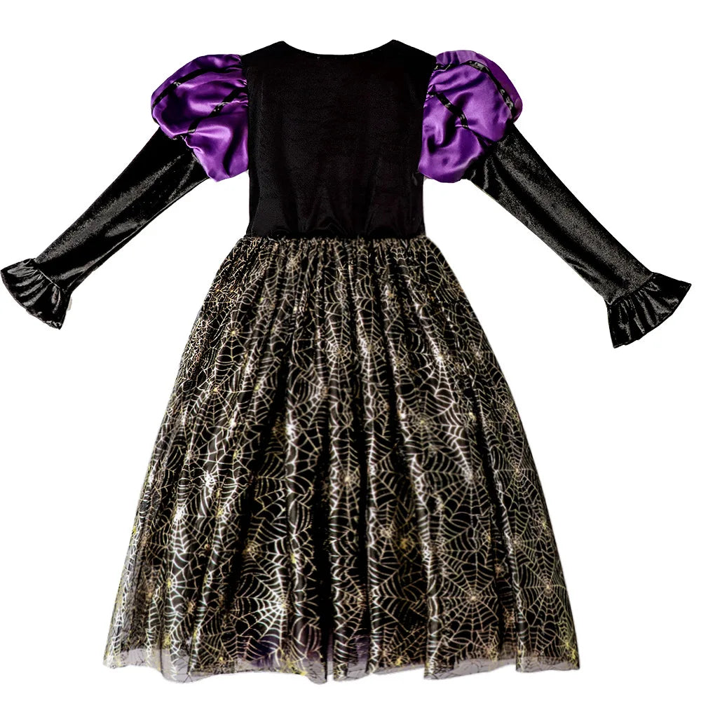 2025 Halloween Easter Festive Party Girl Cosplay Classic Witch Purple Print Long Sleeve Dress Evil Horror Set Baby Birthday Gift