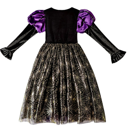 2025 Halloween Easter Festive Party Girl Cosplay Classic Witch Purple Print Long Sleeve Dress Evil Horror Set Baby Birthday Gift