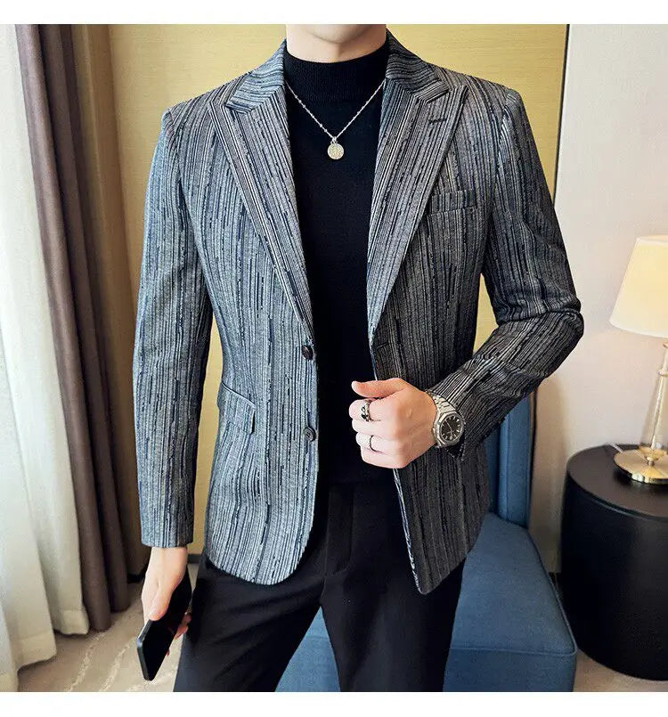 Fashion Meteor Line Checkered Elegant Suit Jacket Men Fashion De Luxe Business Slim Fit Single Breasted Social Party Dress Coats