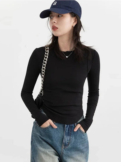 Women T-Shirts Solid New Basic Heating Cashmere Round Neck Woman Tees Slim Fit Female Tops Spring Autumn 2024
