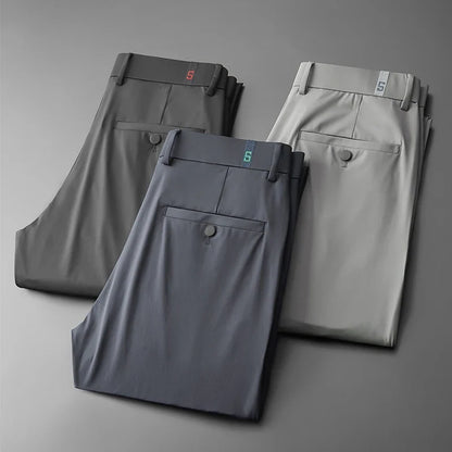 New Ice Silk Casual Pants Men Spring and Summer Mid Straight Thin Breath Pants Comfortable Light Elastic Loose Trousers