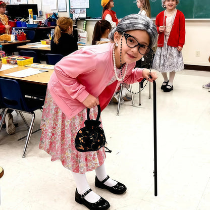 Baby Girl Celebrating 100th School Days Funny Cosplay Costumes Dress Granny Girl Cosplay Floral Old Lady Dress Up With Cane