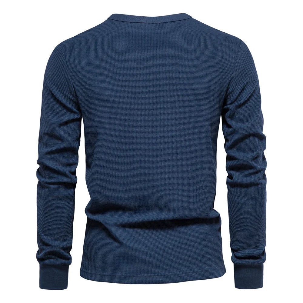 Men's Waffle Cotton Long Sleeve T-Shirt - Solid Color Single Pocket Design, Autumn Basic Breathable Top for Casual Outfits