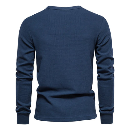 Men's Waffle Cotton Long Sleeve T-Shirt - Solid Color Single Pocket Design, Autumn Basic Breathable Top for Casual Outfits