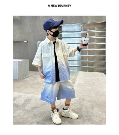 Fashion Kids Clothing Set Shirt Shorts Summer Suit for Teenage Boy Loose Casual Gradient Color Clothes Set Child Luxury Outfit