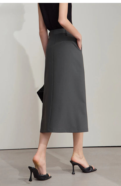 Minimalist Knee length Skirt Women Pleated A-line Loose Dress Elegant Commuting Style Belt Decoration Skirts 12522074