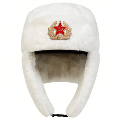 Unisex Five-pointed Star Label Lei Feng Hat Winter Earflap Hat Keep Warm Ski Hat Bomber Hat for Outdoor Riding Snow Activities
