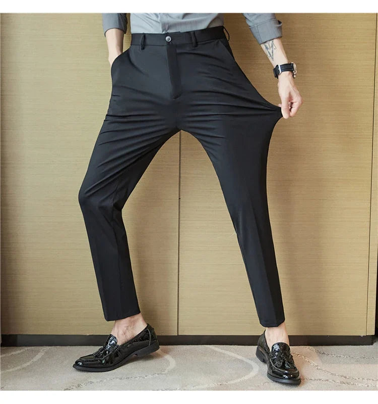 Mens Dress Pants Trousers 2025 Summer New Thin Breathable Solid Casual High Elastic Slim Fit Suit Pants Streetwear Men Clothing