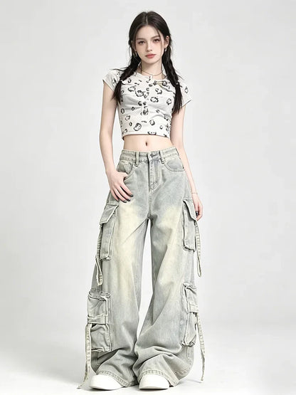 Women's Blue Multi Pocket Cowboy Pants Cargo Y2K Japanese Harajuku Streetwear Aesthetics Retro 90S Jeans Pants Clothing 2025 New