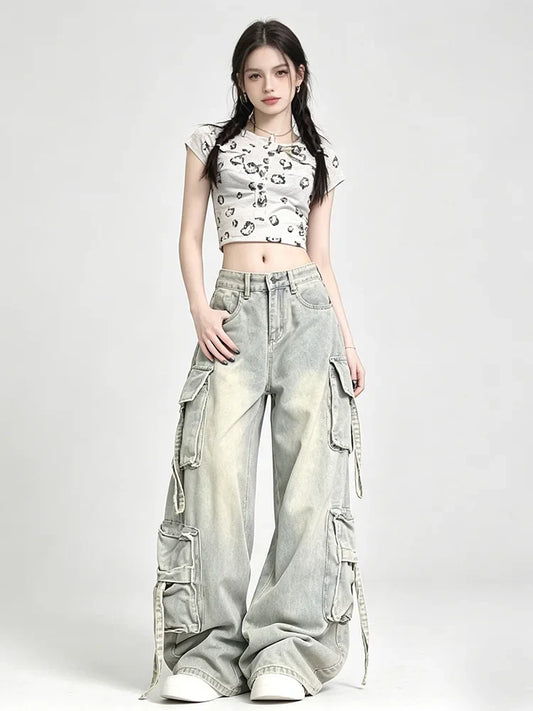 Women's Blue Multi Pocket Cowboy Pants Cargo Y2K Japanese Harajuku Streetwear Aesthetics Retro 90S Jeans Pants Clothing 2025 New