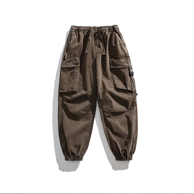 Oversized Baggy Vintage Washed Cargo Pants Men Loose Fit Drawstring Cuffed Retro American Style Streetwear Hip Hop Utility Pants