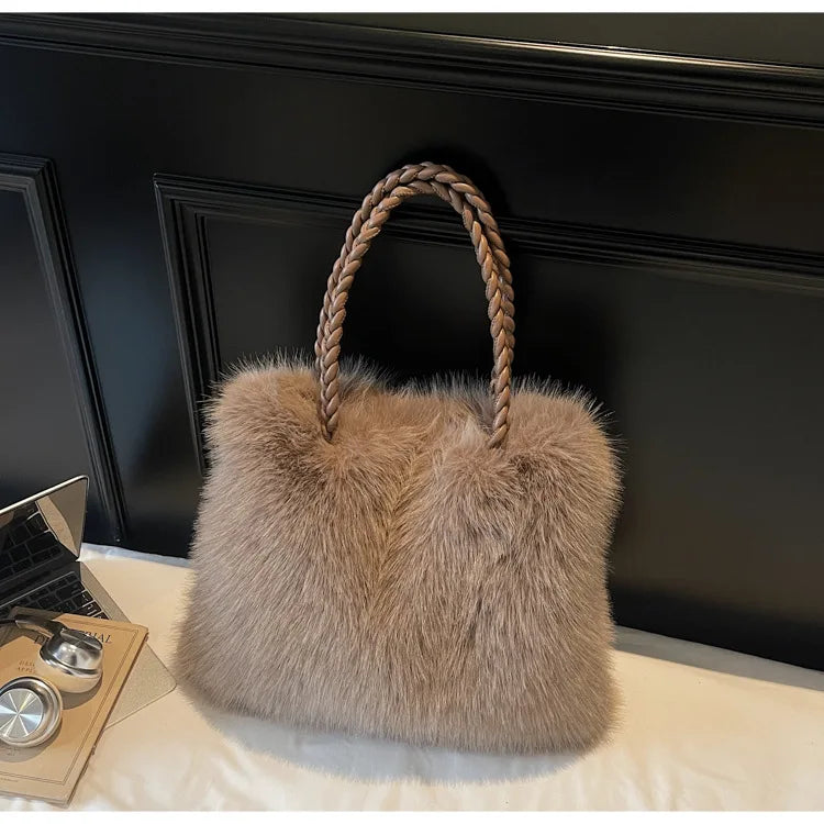 Fashion Women Furry Shoulder Bag Large Capacity Tote Handle Bag for Autumn Winter Outing Commuter Texture Versatile Storage Bags