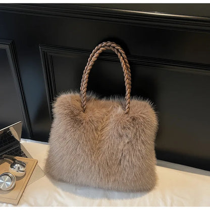Fashion Women Furry Shoulder Bag Large Capacity Tote Handle Bag for Autumn Winter Outing Commuter Texture Versatile Storage Bags