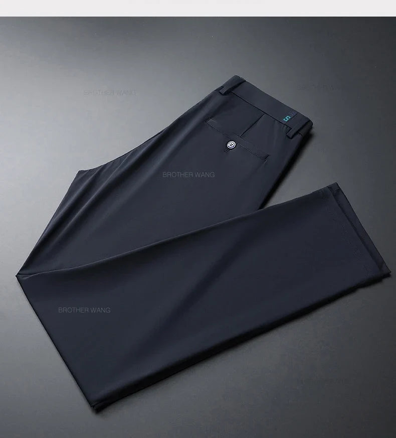 Ultra-thin Ice Silk Cool Men's  Casual Pants Summer New High Elasticity Quick-drying Drape Business Straight Trousers Black Gray