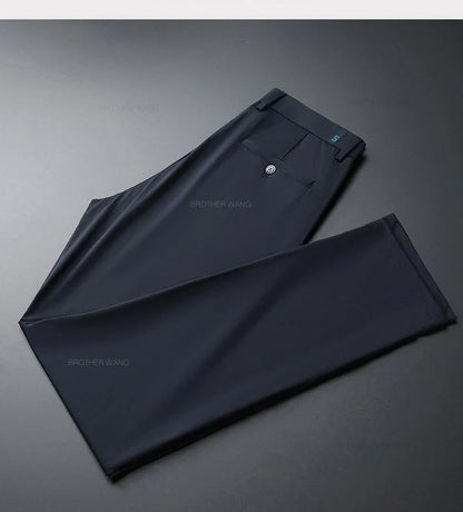 Ultra-thin Ice Silk Cool Men's  Casual Pants Summer New High Elasticity Quick-drying Drape Business Straight Trousers Black Gray