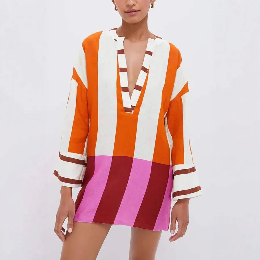 Autumn Winter Women Linen Material Mini Dresses Print Sexy V-neck Hollow Out Long Sleeves Robeson Beach Party Female Dresses