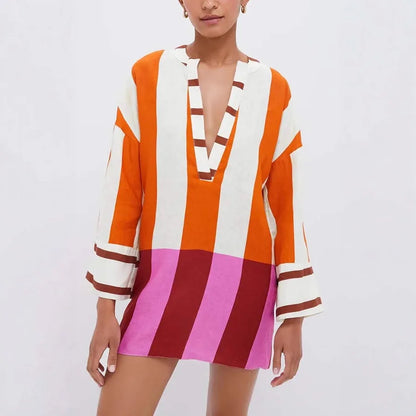 Autumn Winter Women Linen Material Mini Dresses Print Sexy V-neck Hollow Out Long Sleeves Robeson Beach Party Female Dresses