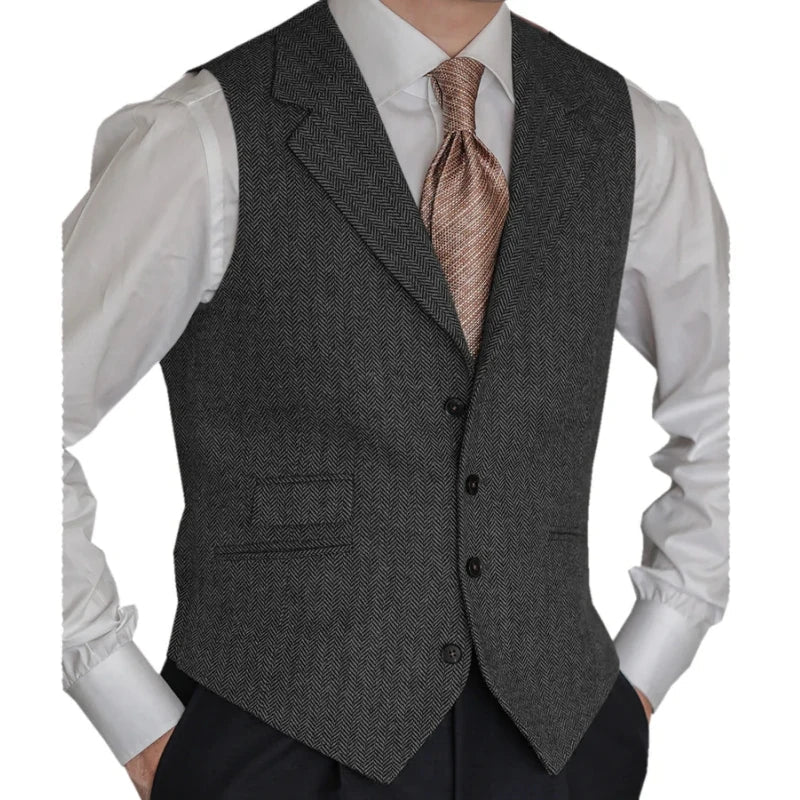 Men Vest Brown Classic Herringbone Pattern Suit Vest Notch Lapel Waistcoat Slim Formal For Wedding Groomsmen Banquet Men Suit