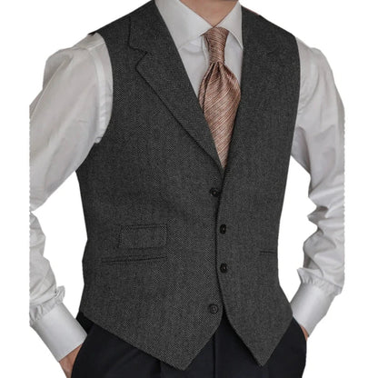 Men Vest Brown Classic Herringbone Pattern Suit Vest Notch Lapel Waistcoat Slim Formal For Wedding Groomsmen Banquet Men Suit