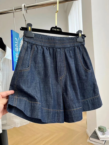 European-style high-end elastic waist casual denim shorts for women, summer thin loose high-waist A-line wide-leg hot pants